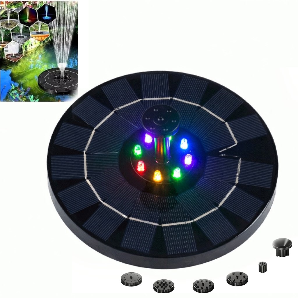 Fontaine solaire pour étang et bain d'oiseaux | 100 % alimentée par énergie solaire, design flottant | Plusieurs buses de pulvérisation + éclairage coloré optionnel
