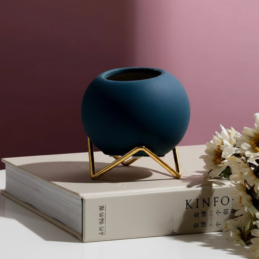 Pot de fleurs en céramique avec support en métal style nordique 10,5 cm