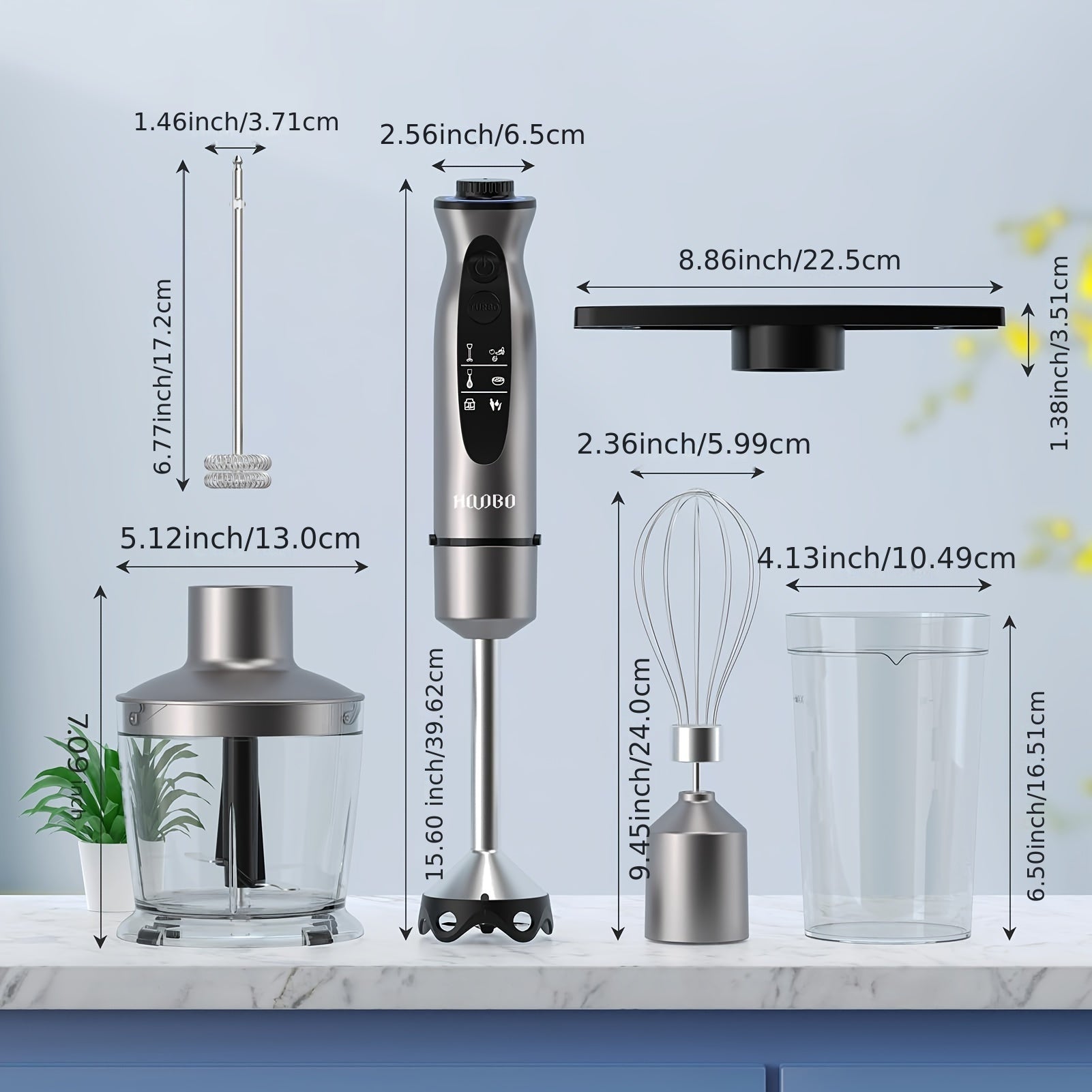 Skanto | Mixeur à main 1000W – Portable, Puissant, Résistant aux rayures, Vitesse variable et Mode Turbo, Silencieux, Comprend un verre doseur, un hachoir, un fouet, un mousseur à lait