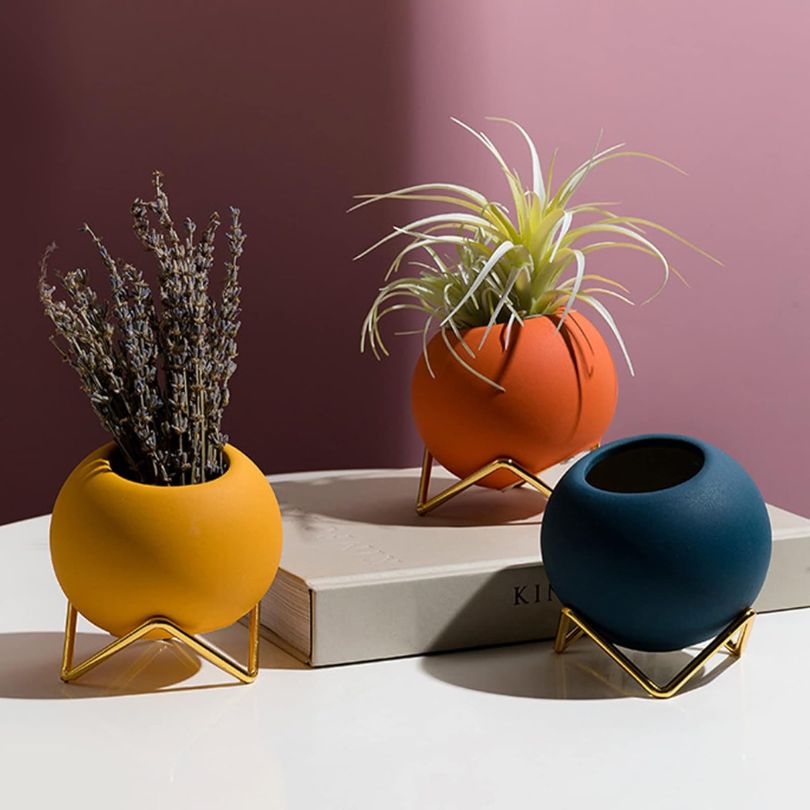 Pot de fleurs en céramique avec support en métal style nordique 10,5 cm