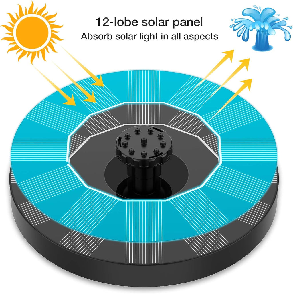Fontaine solaire pour étang et bain d'oiseaux | 100 % alimentée par énergie solaire, design flottant | Plusieurs buses de pulvérisation + éclairage coloré optionnel