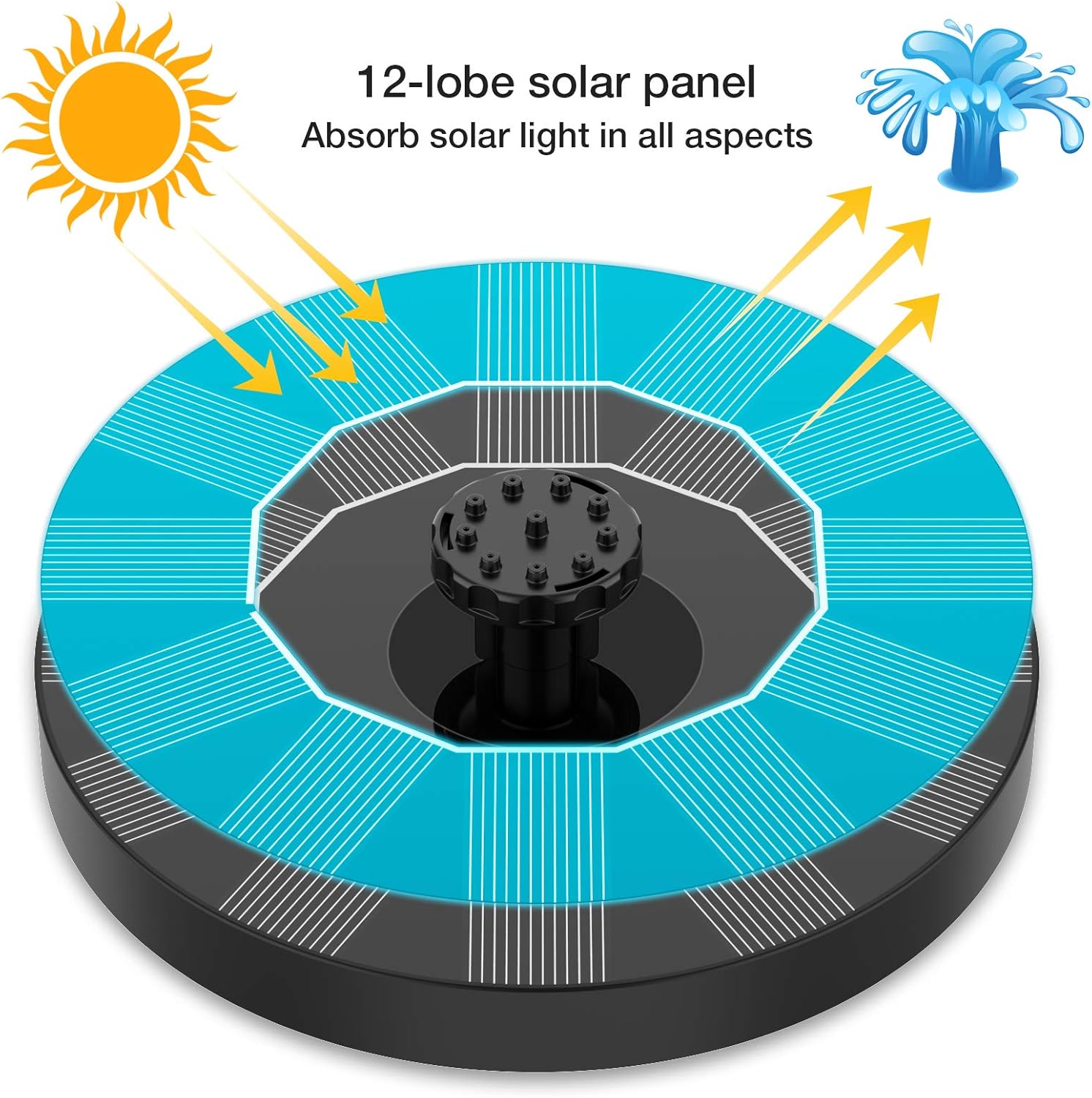 Fontaine solaire pour étang et bain d'oiseaux | 100 % alimentée par énergie solaire, design flottant | Plusieurs buses de pulvérisation + éclairage coloré optionnel