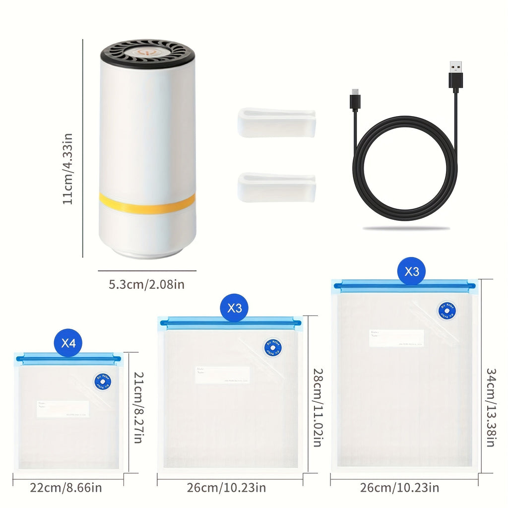 Skanto | Appareil de vide électrique portable avec sacs de conservation sous vide – Inclus 3 tailles (4x8,5", 3x11", 3x13,5"), sacs zip sous vide et pompe électrique