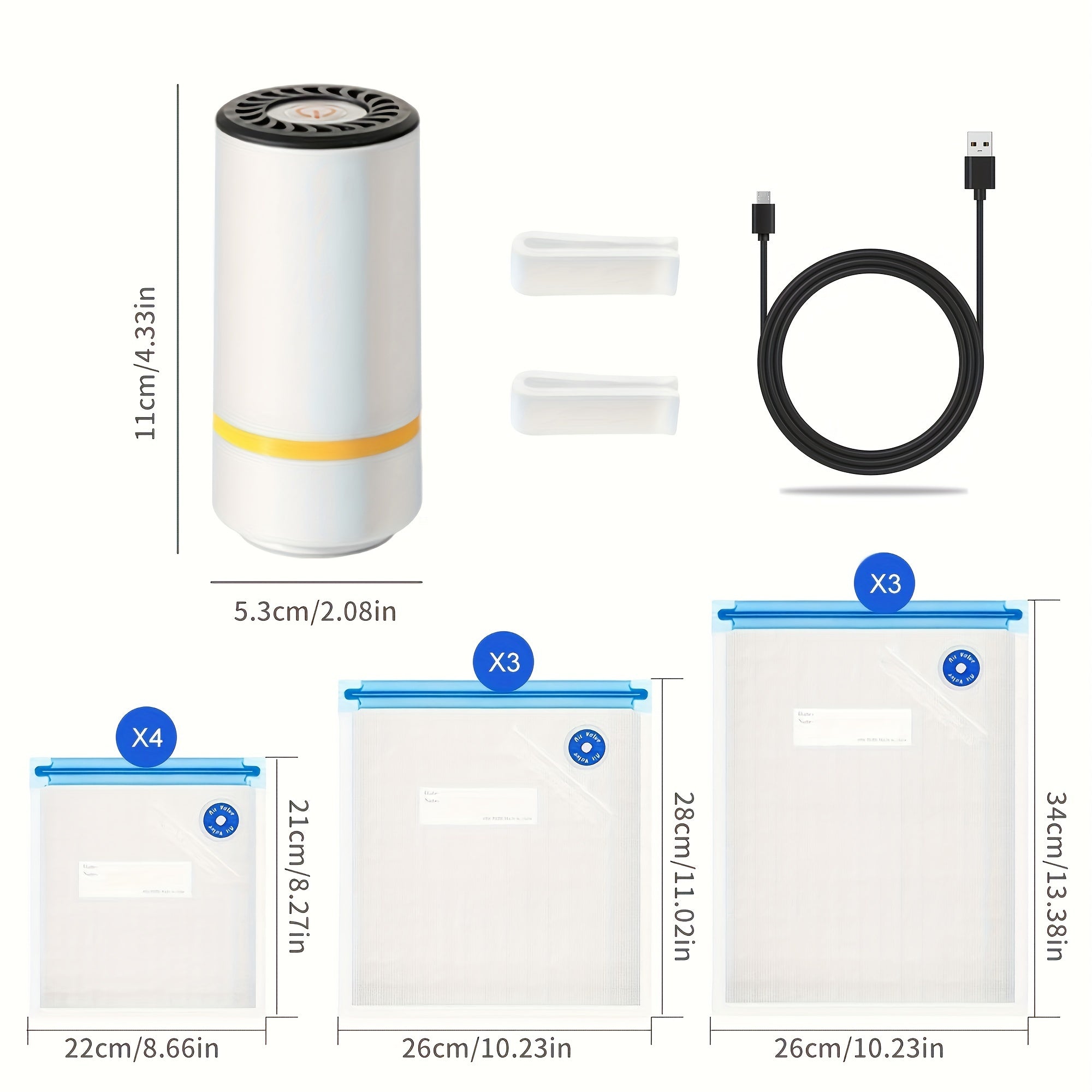Skanto | Appareil de vide électrique portable avec sacs de conservation sous vide – Inclus 3 tailles (4x8,5", 3x11", 3x13,5"), sacs zip sous vide et pompe électrique