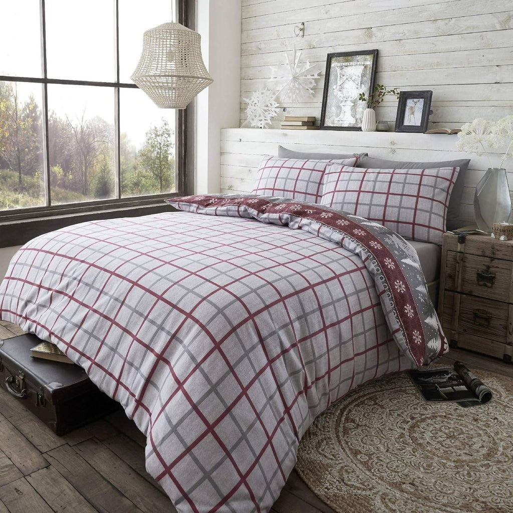 Ensemble de literie de Noël nordique – Housse de couette réversible en bordeaux/gris