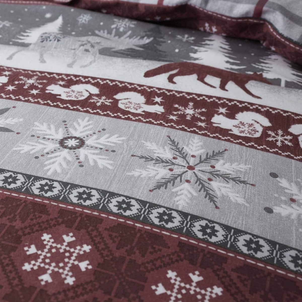 Ensemble de literie de Noël nordique – Housse de couette réversible en bordeaux/gris