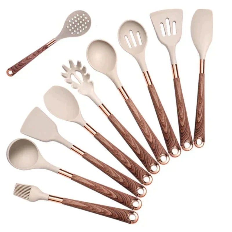 Ustensiles de cuisine en silicone alimentaire avec poignées en bois – KitchenElegance