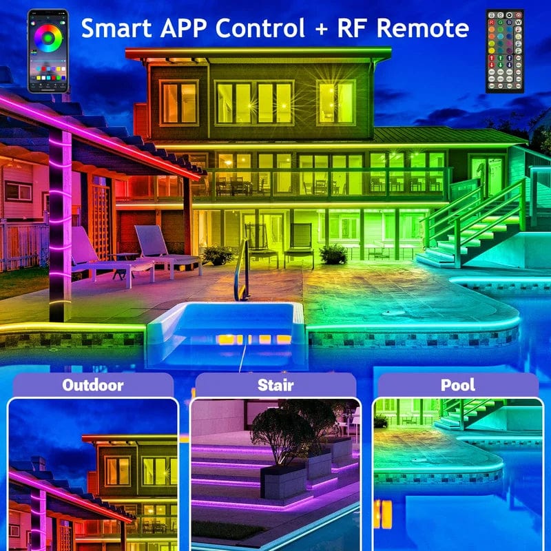 Éclairage extérieur LED intelligent | Bande lumineuse extérieure durable | Contrôle WLAN & Bluetooth | Étanche IP65