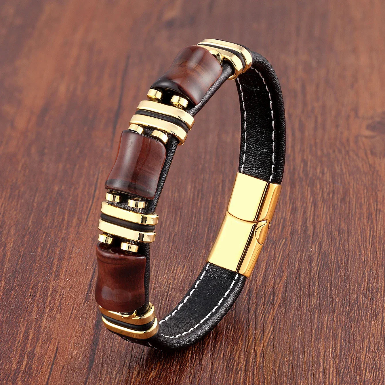 Bracelet en Cuir en Pierre Naturelle Œil de Tigre