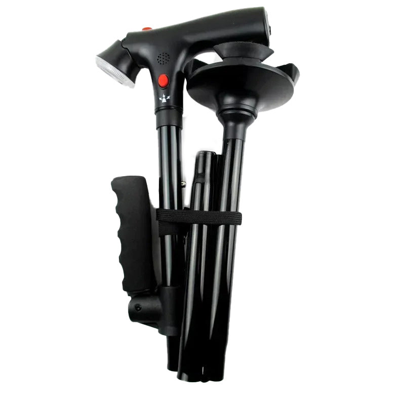 Canne pliable avec double poignée, alarme et lampe