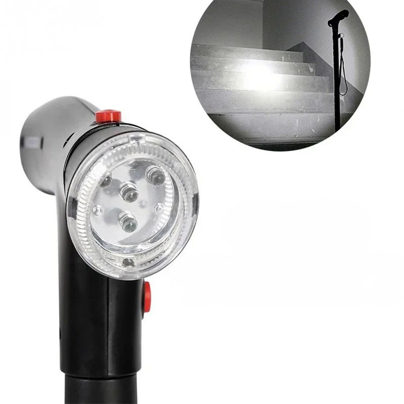 Canne pliable avec double poignée, alarme et lampe