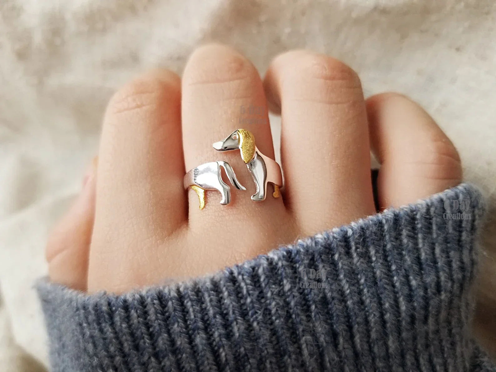 Bague en Argent Ajustable pour Chien Teckel Mignon
