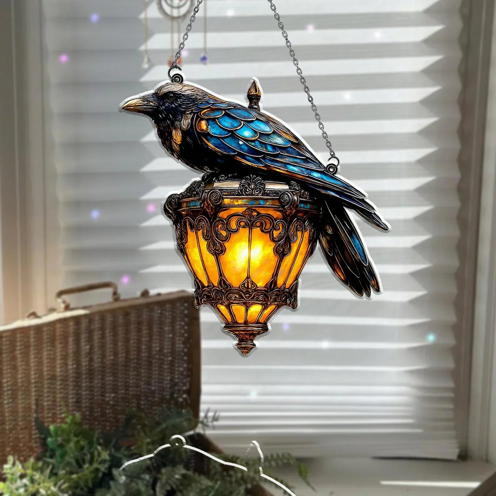 Décoration d'Halloween avec design de corbeaux | Détails peints à la main | Fer vintage & verre ambre | Pour intérieur & extérieur couvert