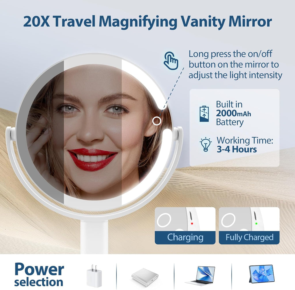 Miroir de Maquillage Éclairé - Zoom 20X & Luminosité Réglable