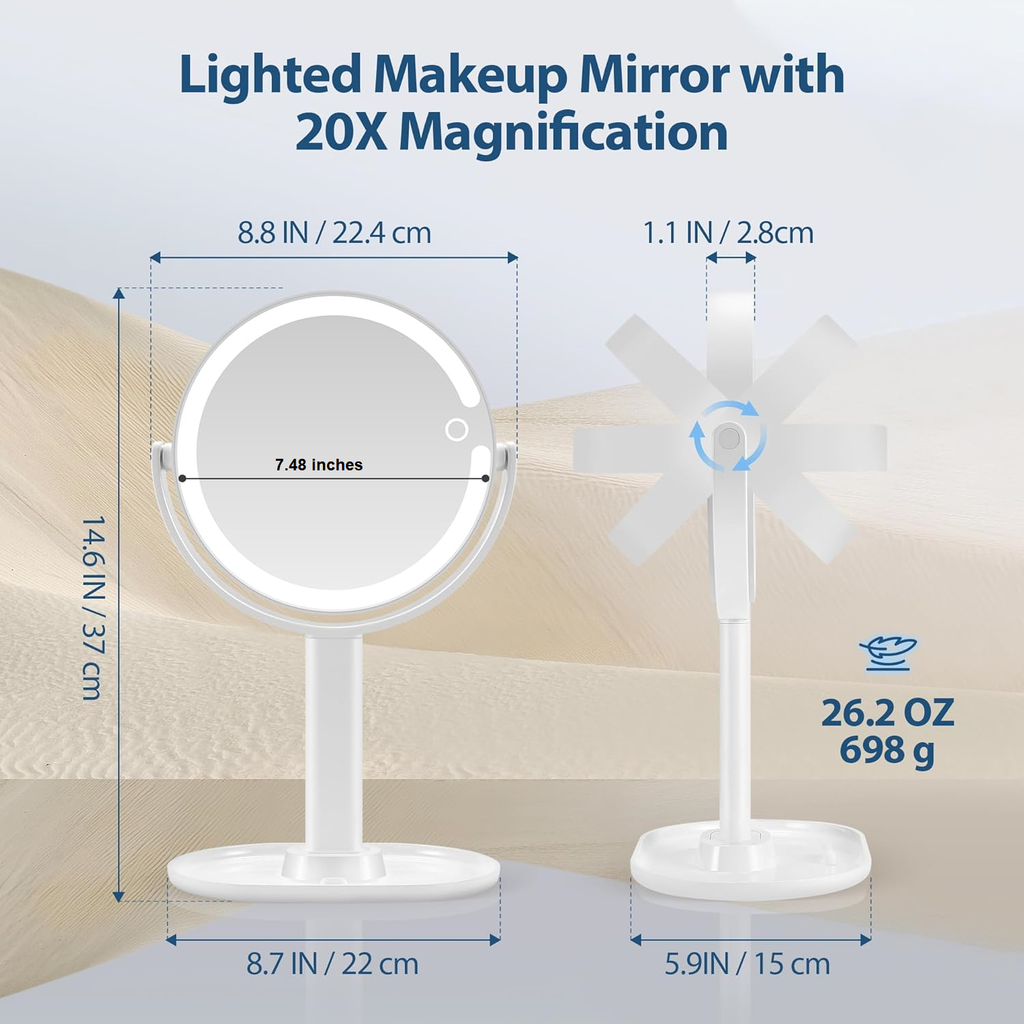 Miroir de Maquillage Éclairé - Zoom 20X & Luminosité Réglable
