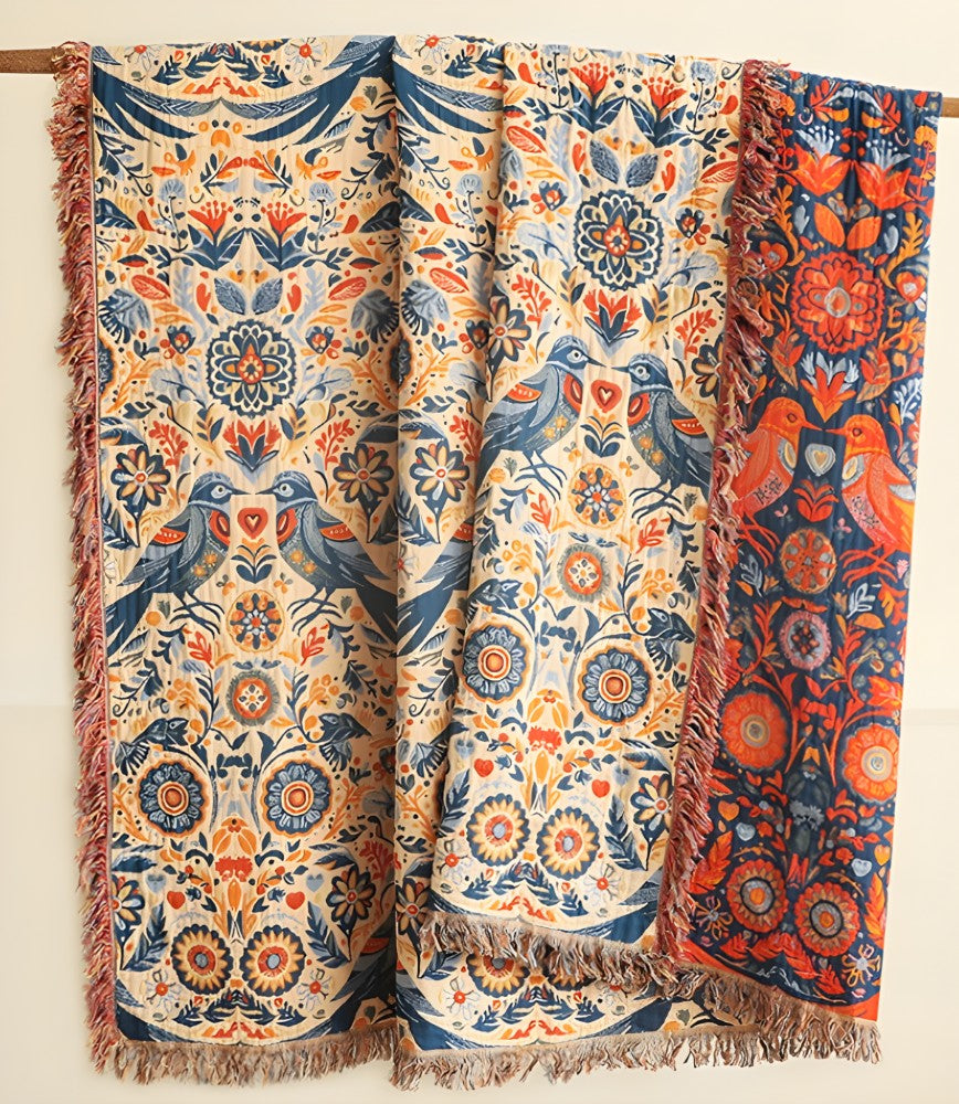 Couverture en Coton avec Design Floral d'Oiseaux