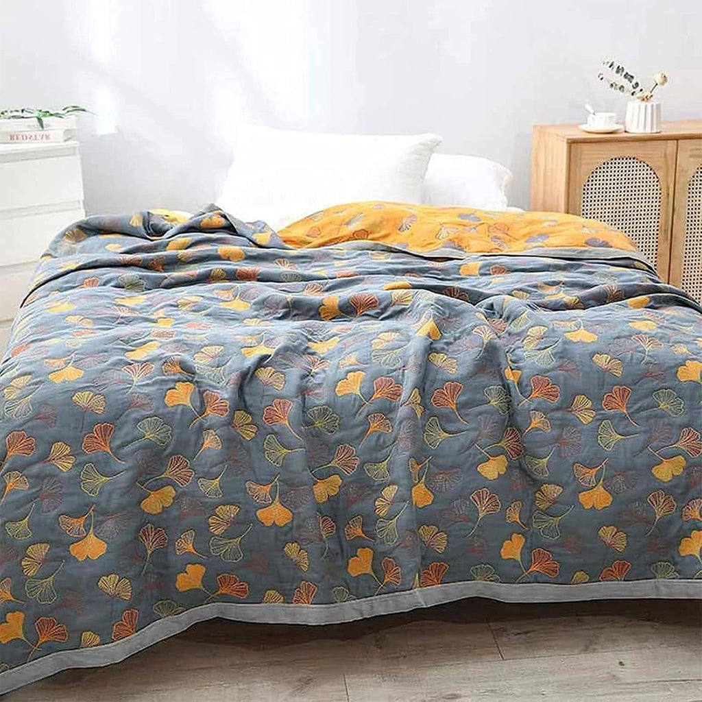Couverture en Coton avec Motif de Feuille de Ginkgo