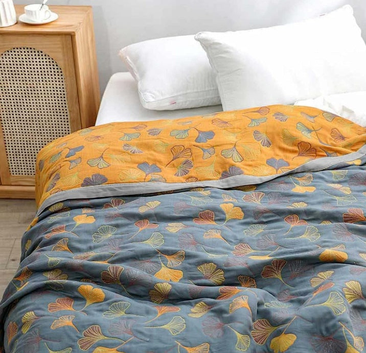 Couverture en Coton avec Motif de Feuille de Ginkgo