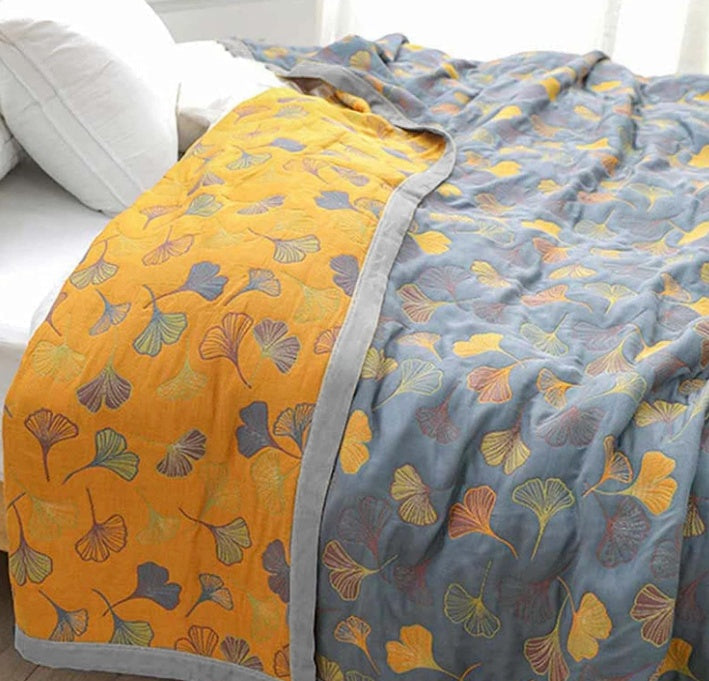 Couverture en Coton avec Motif de Feuille de Ginkgo