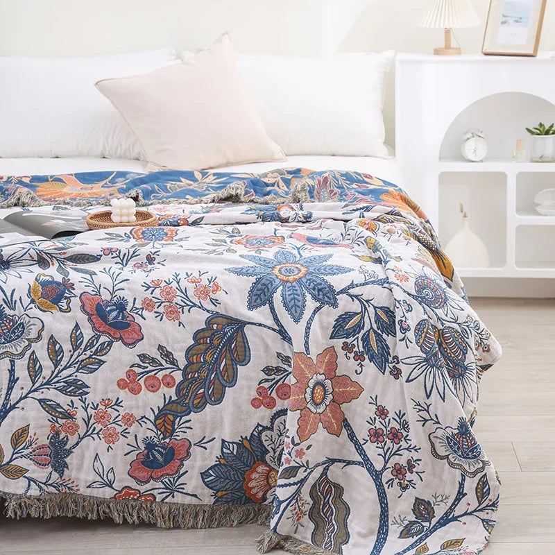 Couverture Florale Artistique Rustique | Couverture en Coton Floral 100%