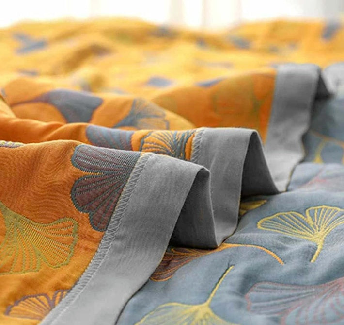 Couverture en Coton avec Motif de Feuille de Ginkgo