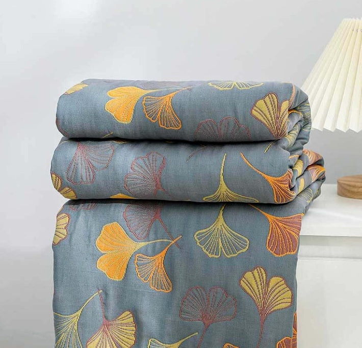 Couverture en Coton avec Motif de Feuille de Ginkgo