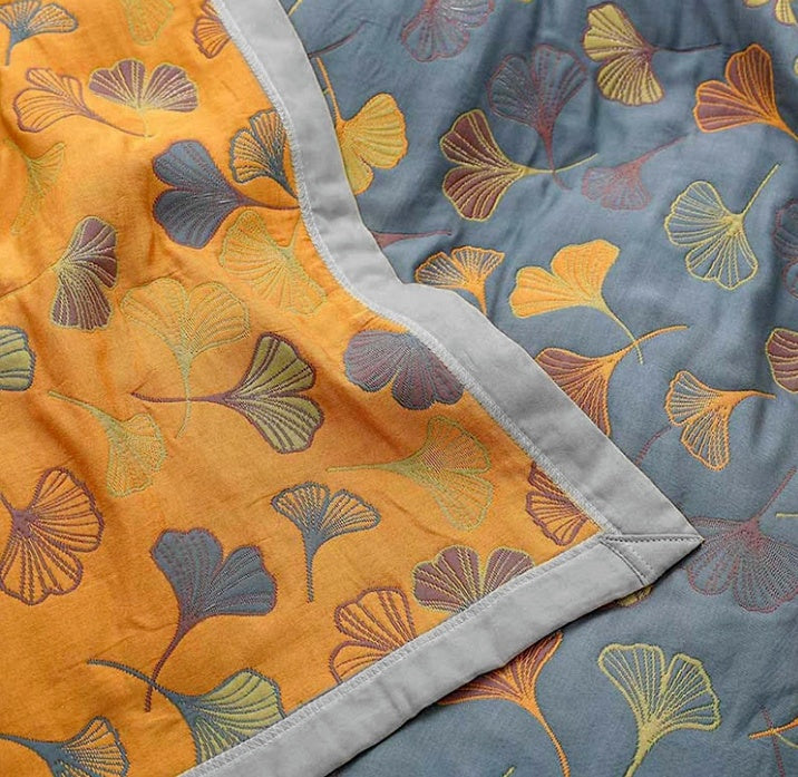 Couverture en Coton avec Motif de Feuille de Ginkgo