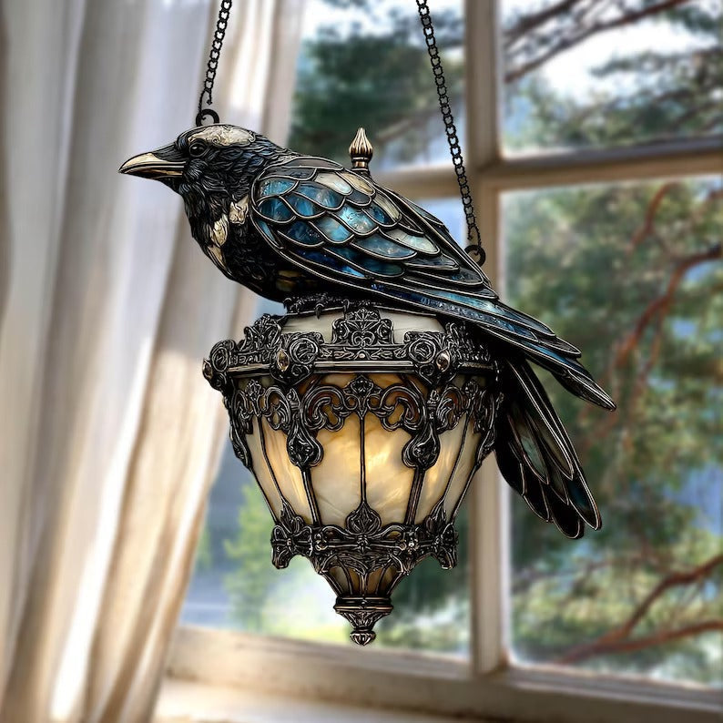Décoration d'Halloween avec design de corbeaux | Détails peints à la main | Fer vintage & verre ambre | Pour intérieur & extérieur couvert