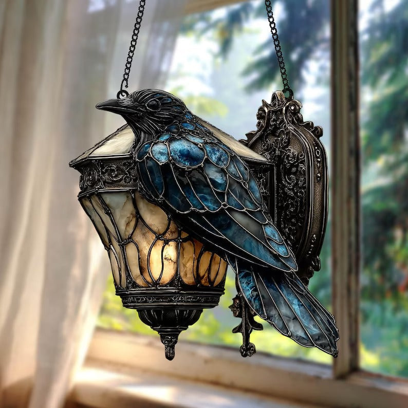 Décoration d'Halloween avec design de corbeaux | Détails peints à la main | Fer vintage & verre ambre | Pour intérieur & extérieur couvert