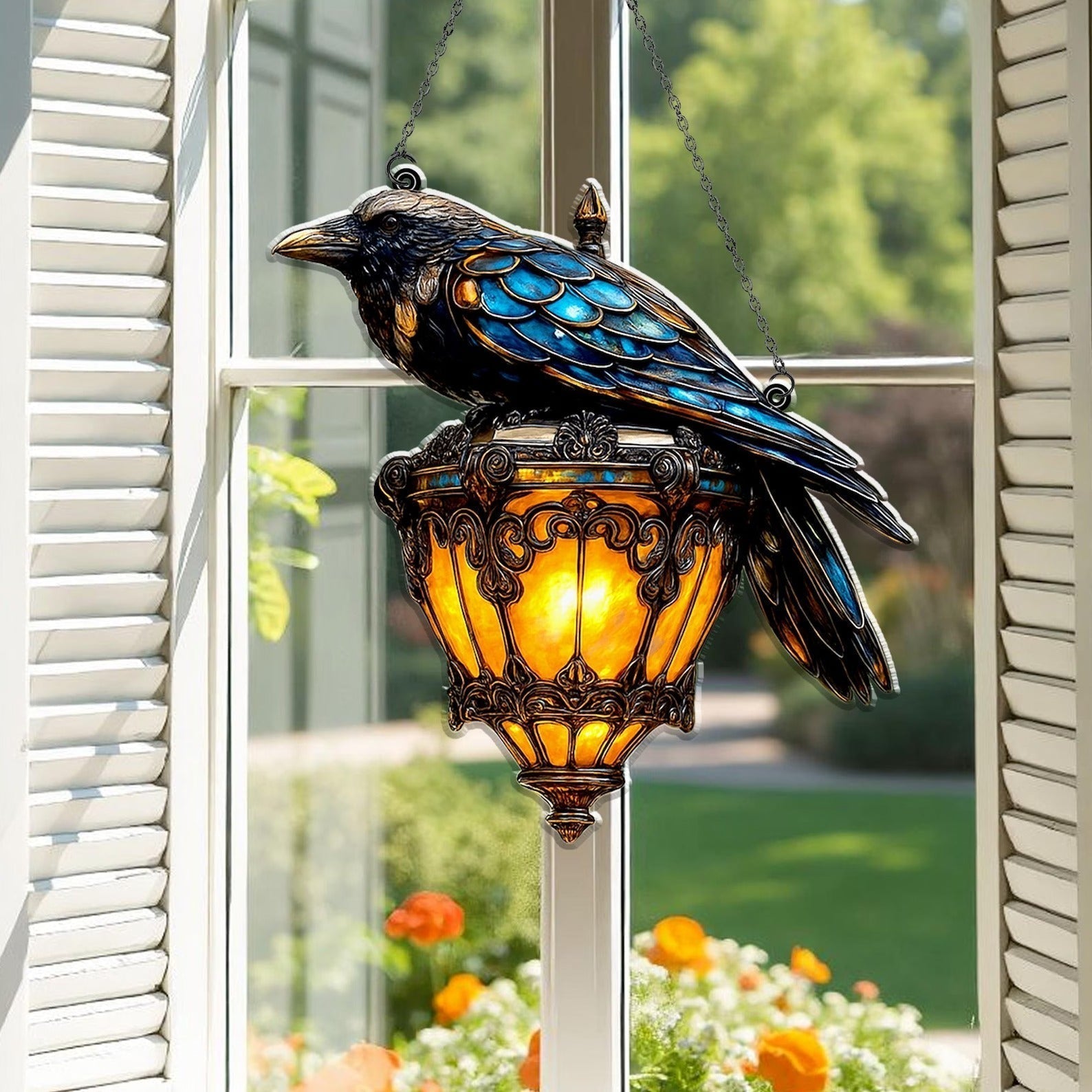 Décoration d'Halloween avec design de corbeaux | Détails peints à la main | Fer vintage & verre ambre | Pour intérieur & extérieur couvert