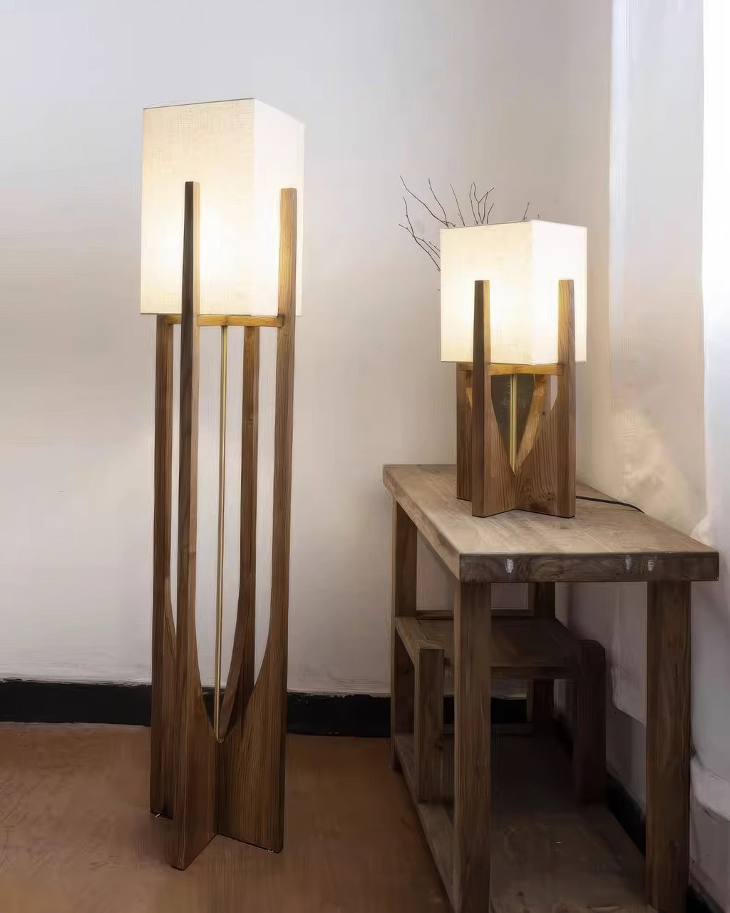 Lampe sur pied en noyer de style japonais élégant avec lumière LED