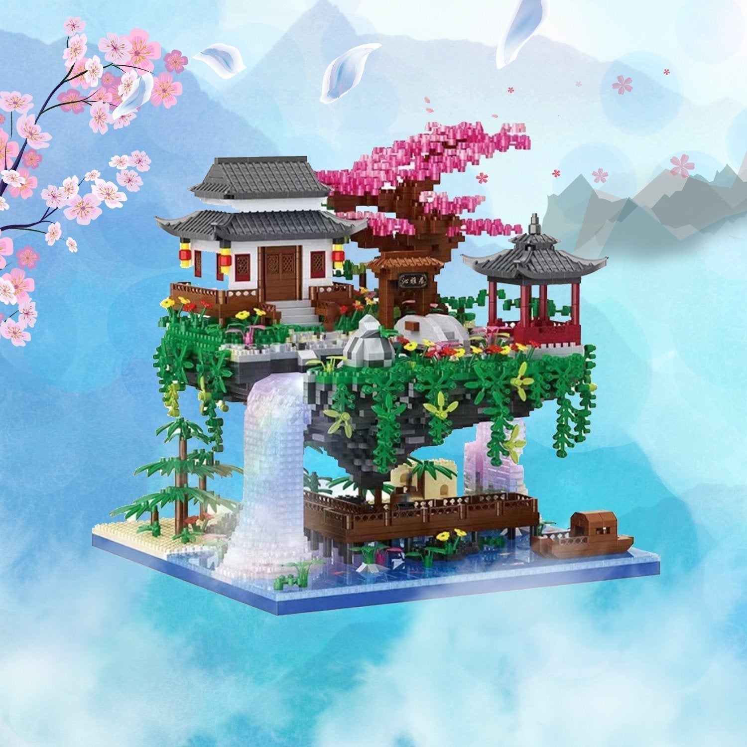 Skanto | Fossfall Maison Japonaise Sakura Île Flottante Nano Blocs de Construction | Stock Limité