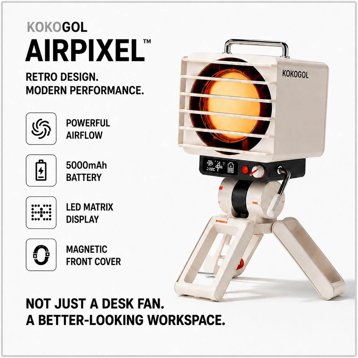 KOKOGOL AirPixel™ Ventilateur de table rétro RGB avec écran LED matriciel et batterie de 5000 mAh