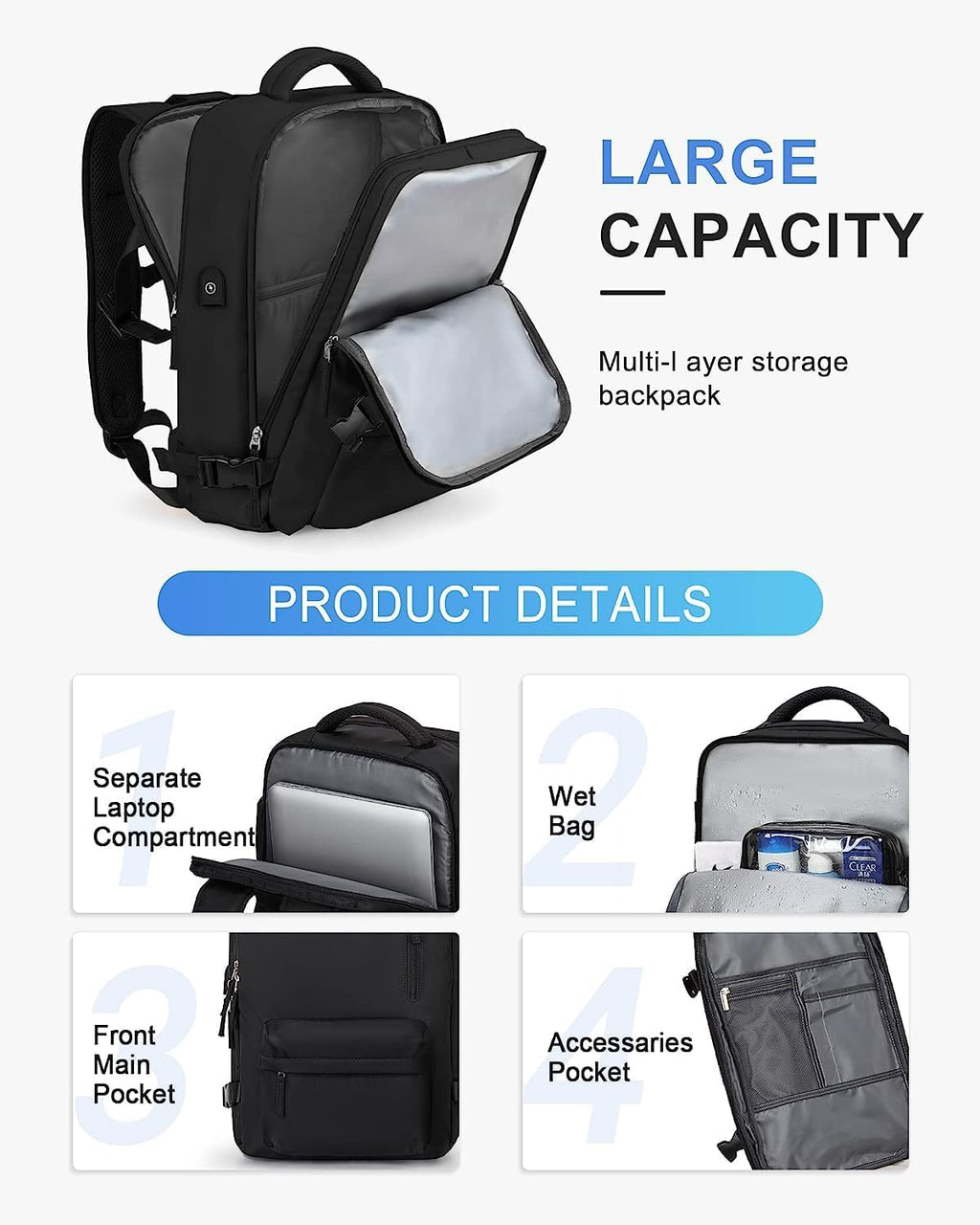 Sac à dos de voyage étanche avec compartiment à chaussures et port USB – Convient pour ordinateur portable de 14 pouces