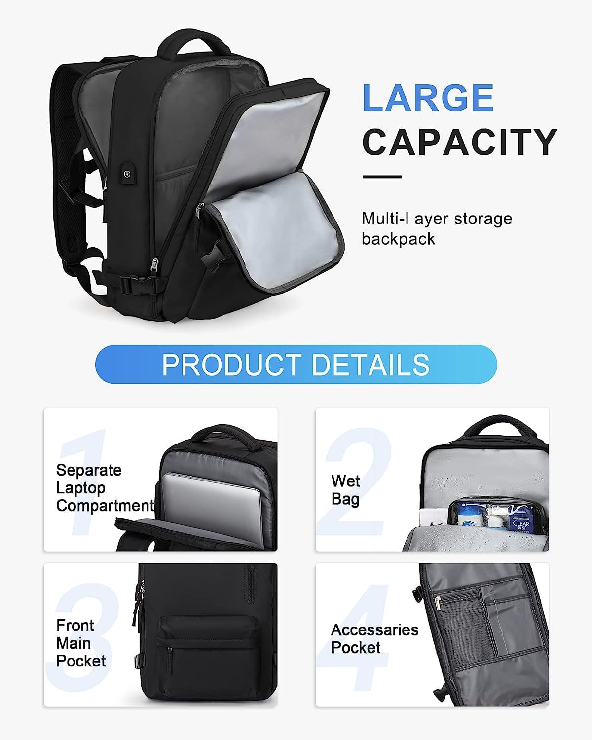Sac à dos de voyage étanche avec compartiment à chaussures et port USB – Convient pour ordinateur portable de 14 pouces