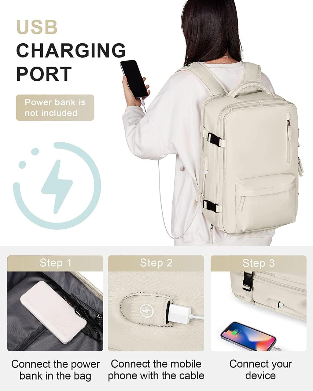 Sac à dos de voyage étanche avec compartiment à chaussures et port USB – Convient pour ordinateur portable de 14 pouces