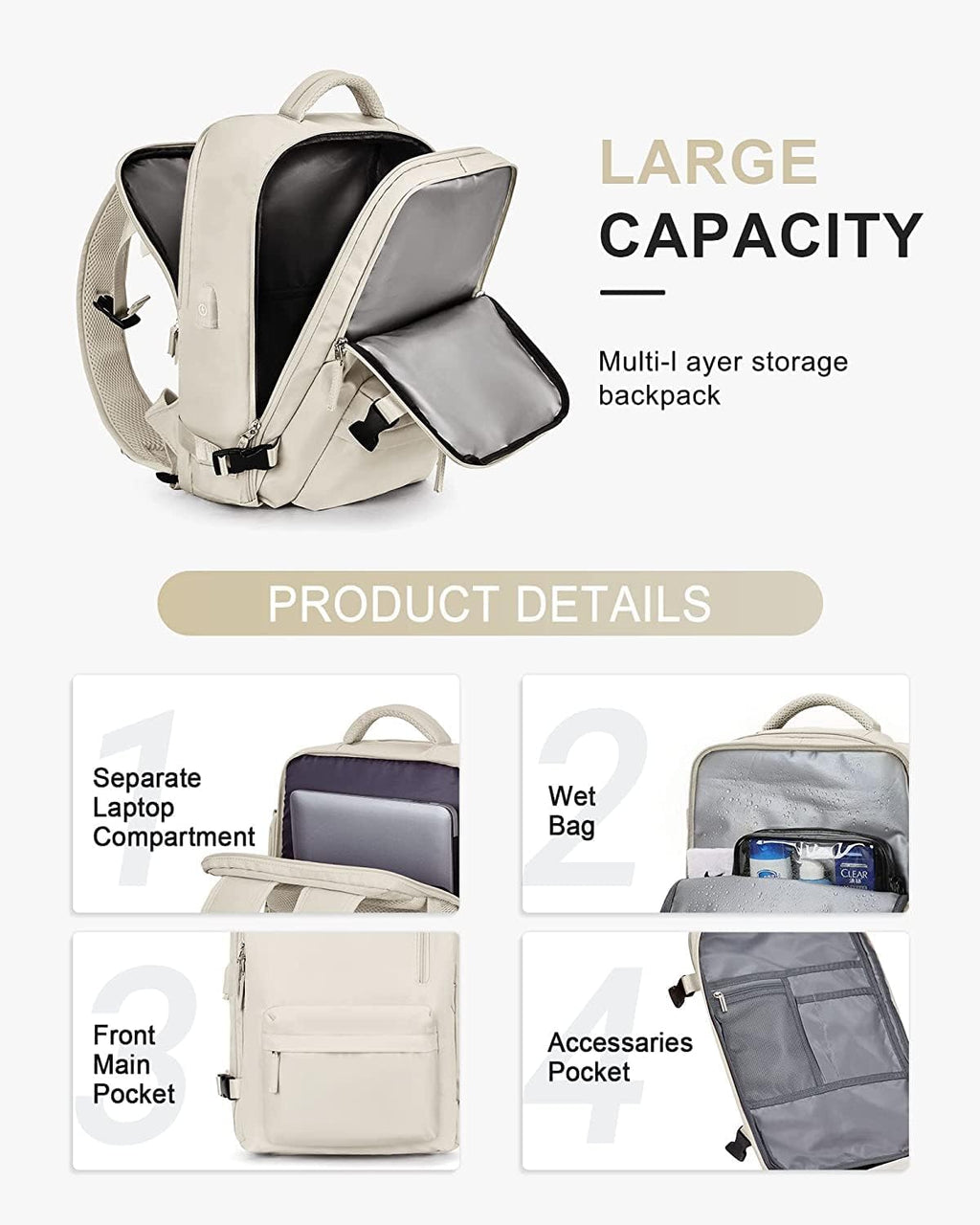 Sac à dos de voyage étanche avec compartiment à chaussures et port USB – Convient pour ordinateur portable de 14 pouces