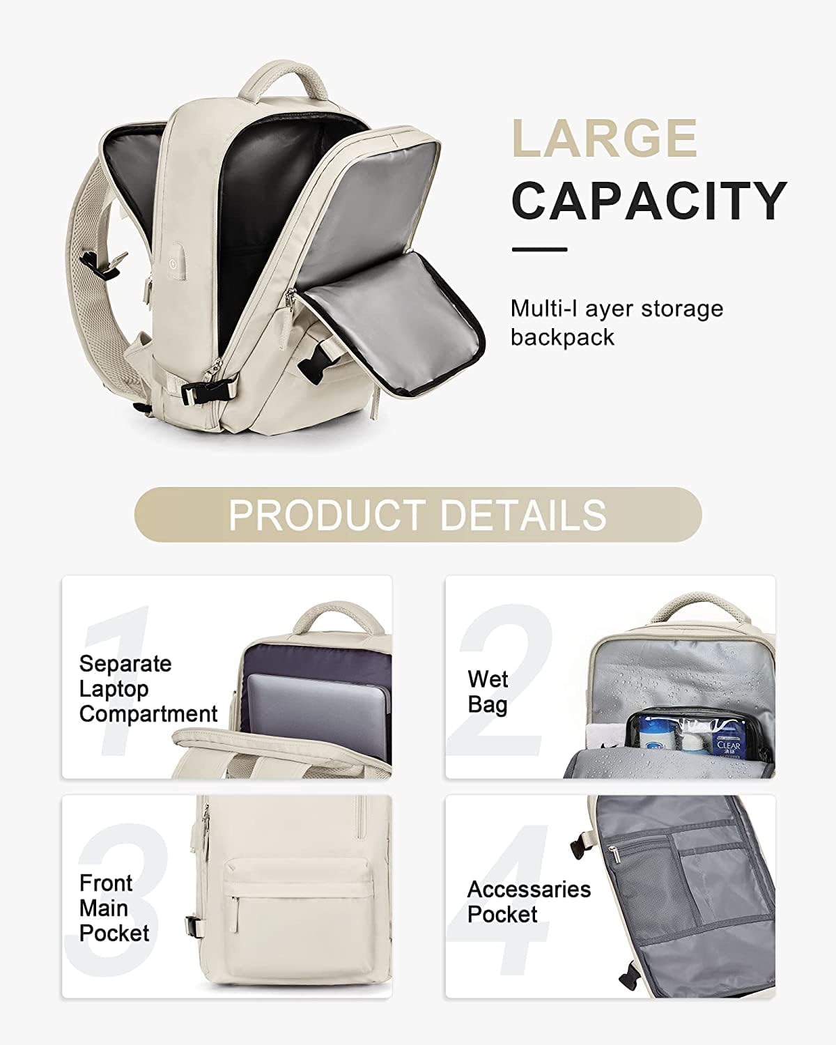 Sac à dos de voyage étanche avec compartiment à chaussures et port USB – Convient pour ordinateur portable de 14 pouces