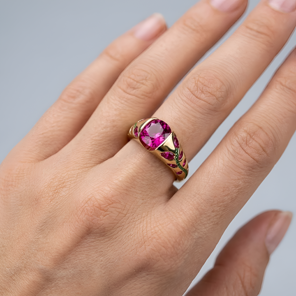 Hazel - Bague élégante pour femme, ornée d'un zircon et d'un motif de feuille