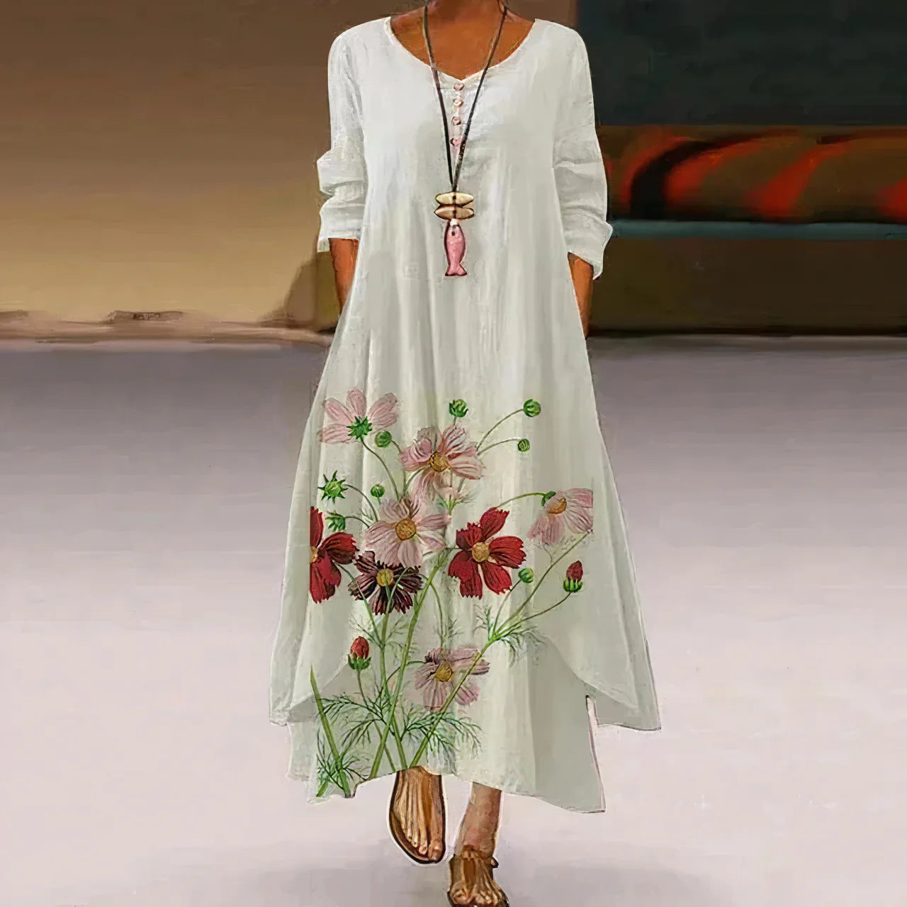 Robe d'été femme | Double épaisseur & Imprimée | Longueur maxi avec design à manches longues