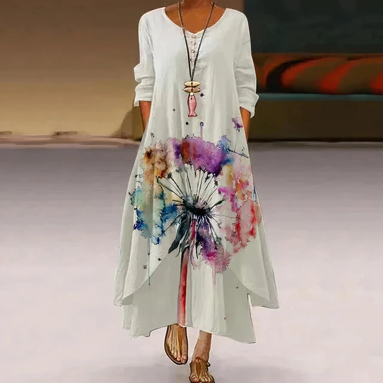 Robe d'été femme | Double épaisseur & Imprimée | Longueur maxi avec design à manches longues