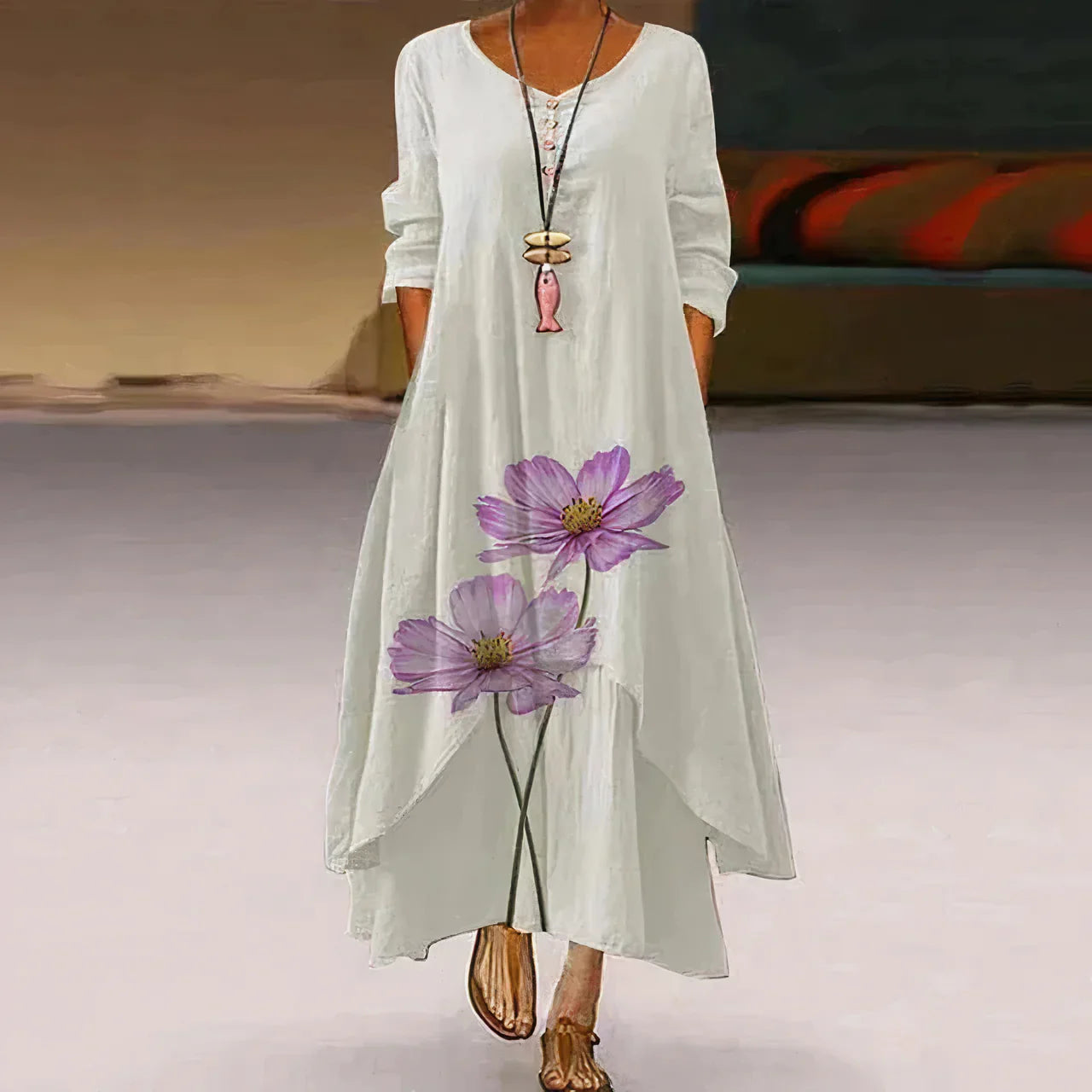 Robe d'été femme | Double épaisseur & Imprimée | Longueur maxi avec design à manches longues