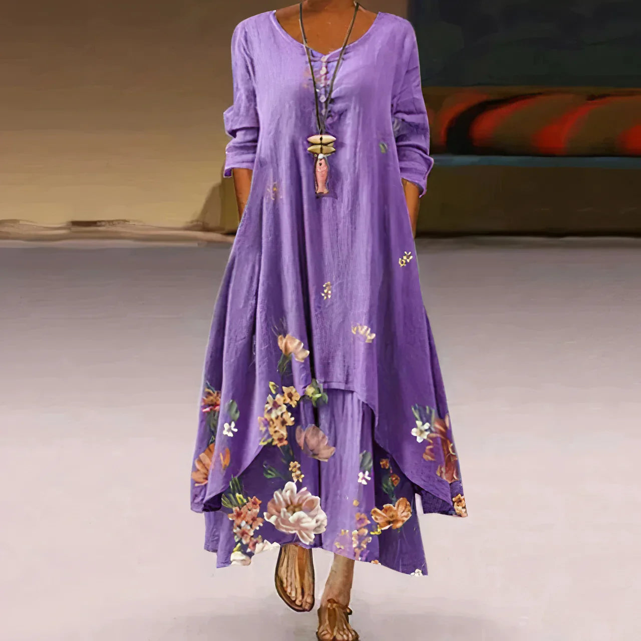 Robe d'été femme | Double épaisseur & Imprimée | Longueur maxi avec design à manches longues