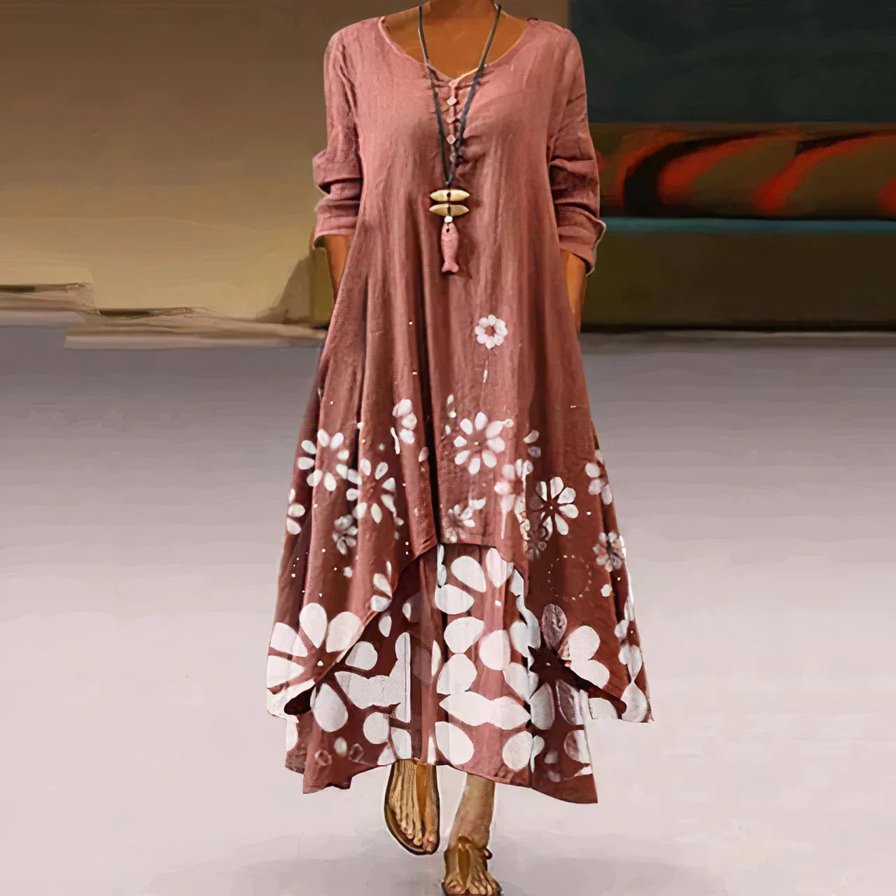 Robe d'été femme | Double épaisseur & Imprimée | Longueur maxi avec design à manches longues