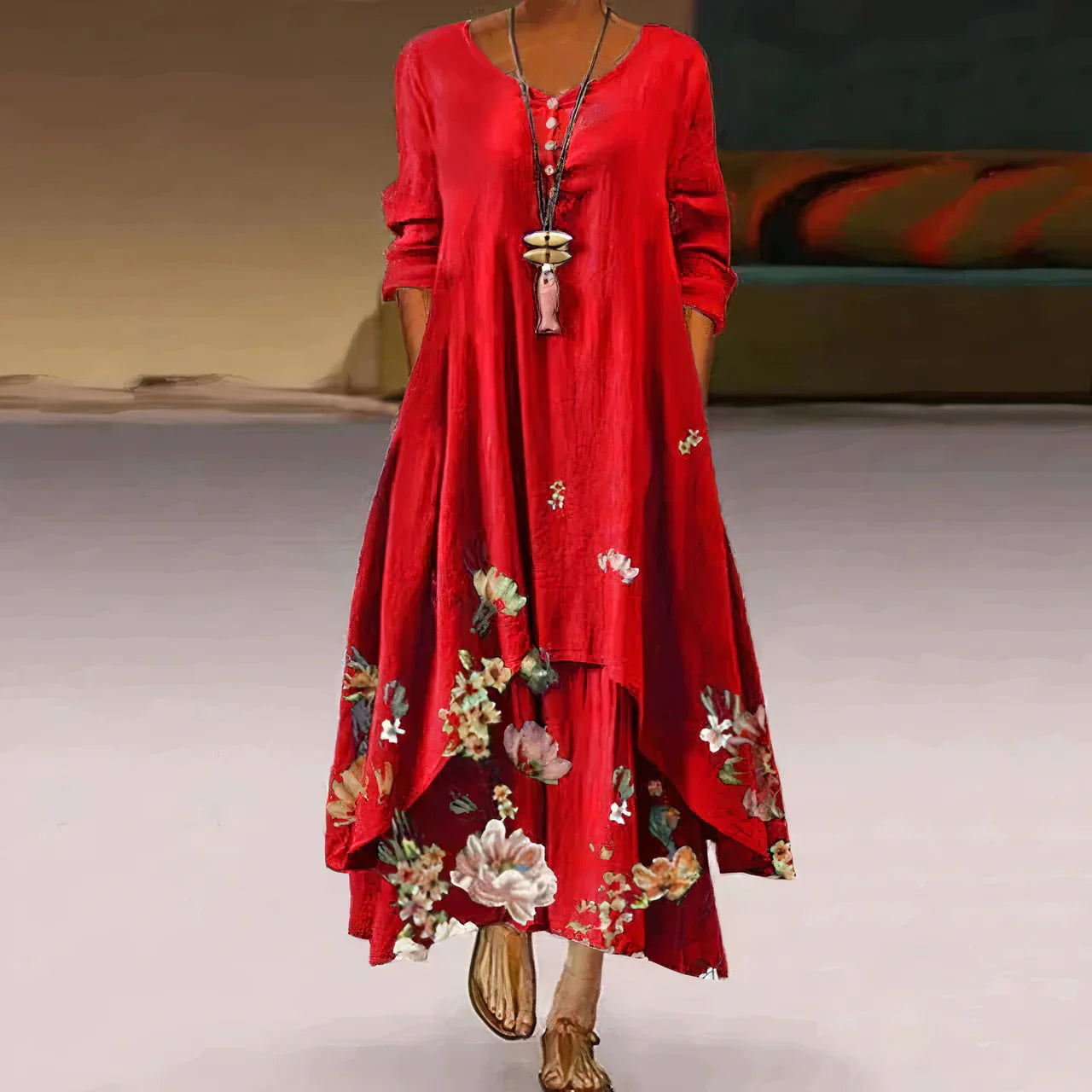 Robe d'été femme | Double épaisseur & Imprimée | Longueur maxi avec design à manches longues