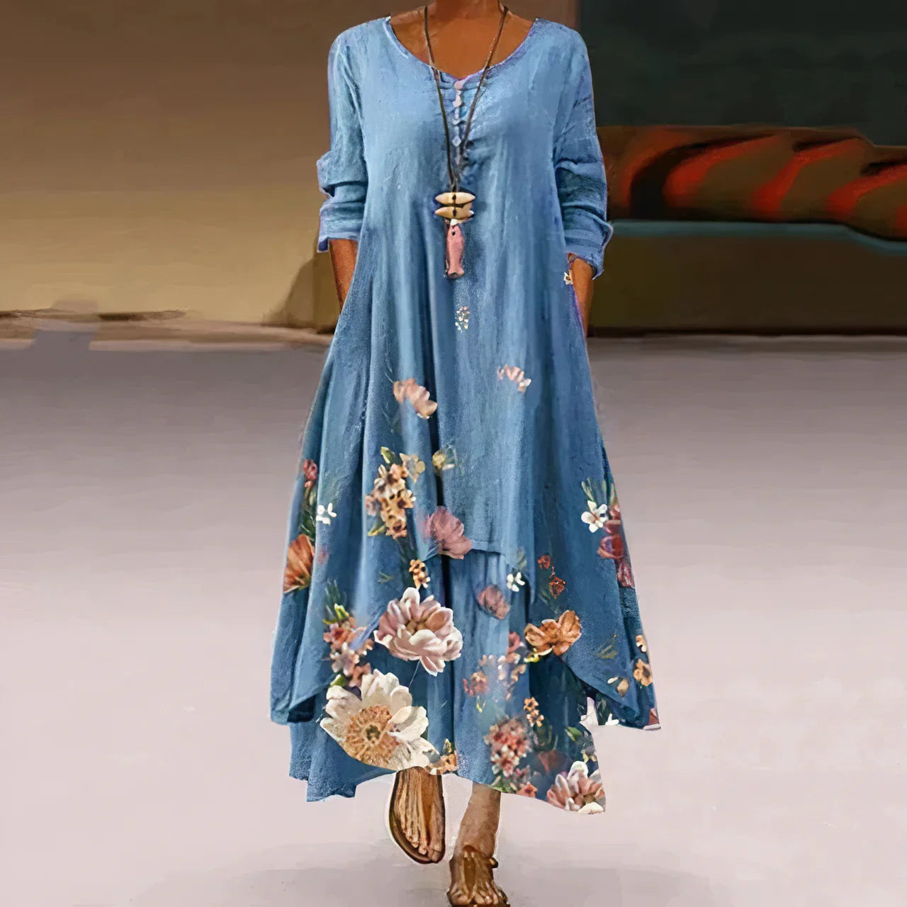 Robe d'été femme | Double épaisseur & Imprimée | Longueur maxi avec design à manches longues