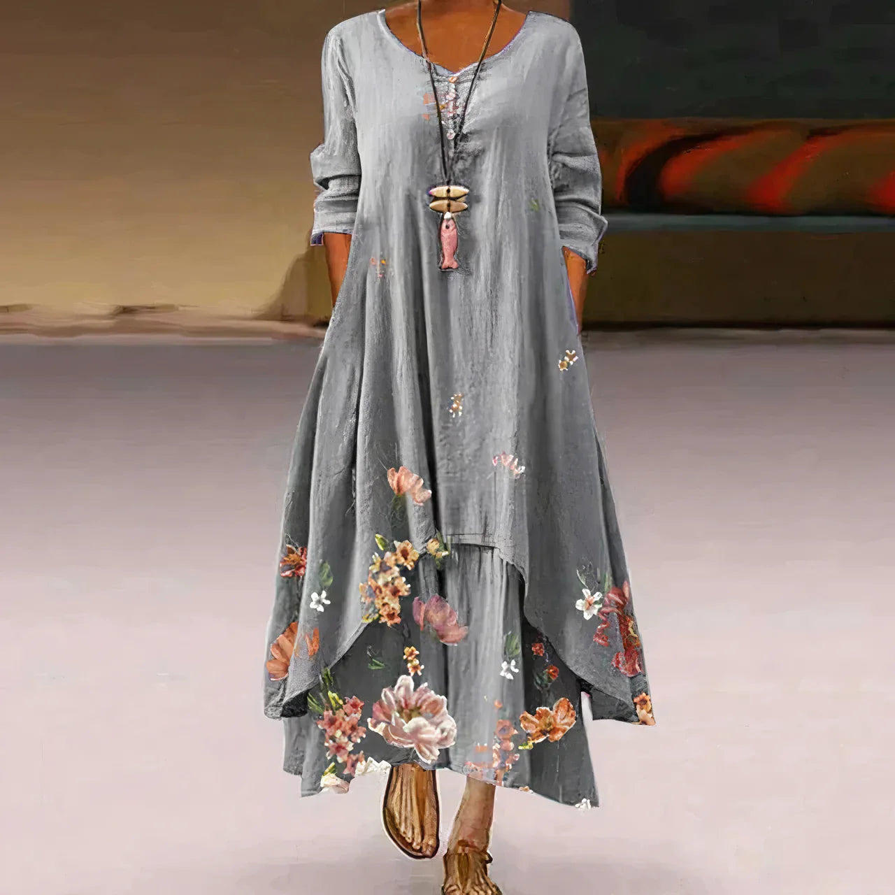 Robe d'été femme | Double épaisseur & Imprimée | Longueur maxi avec design à manches longues