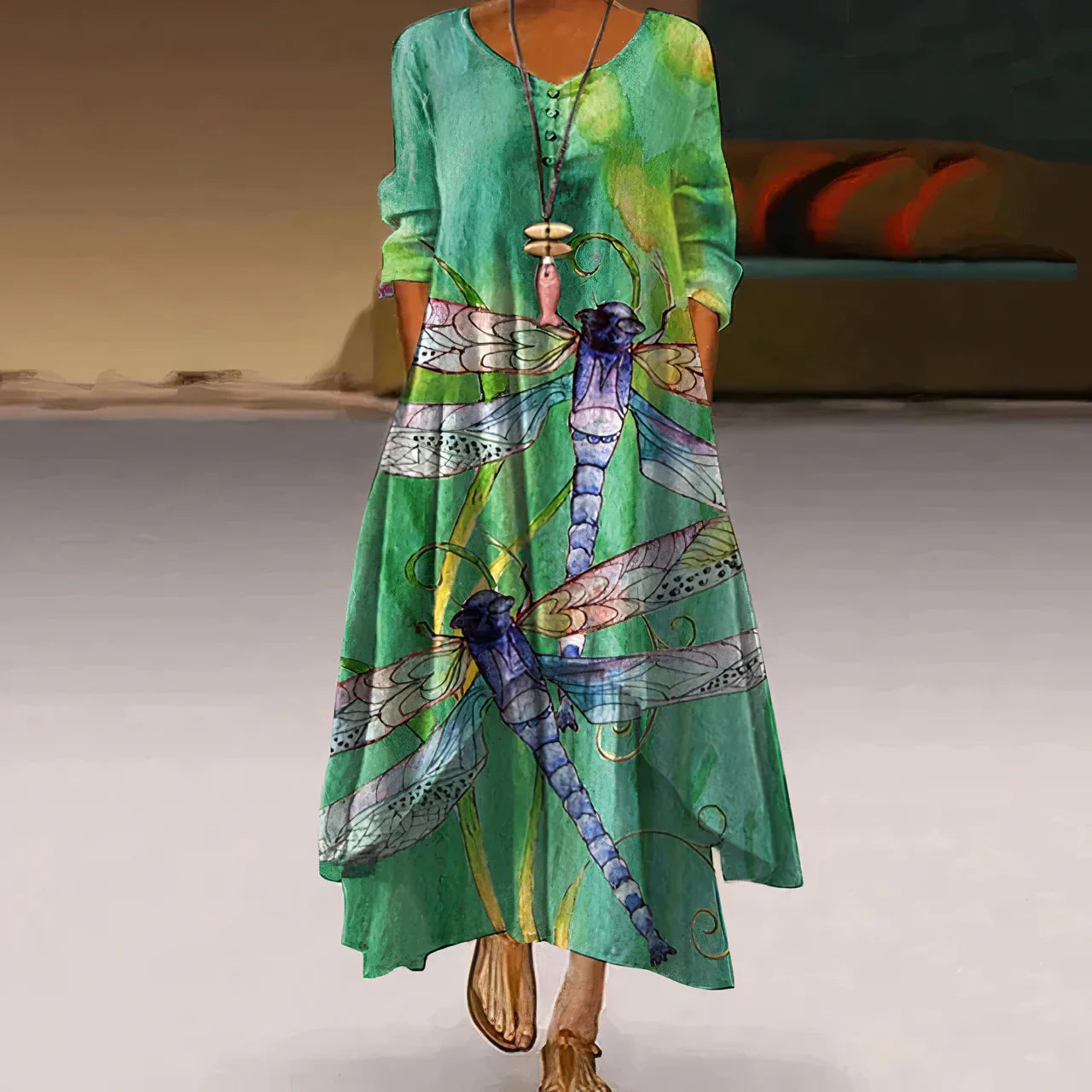 Robe d'été femme | Double épaisseur & Imprimée | Longueur maxi avec design à manches longues