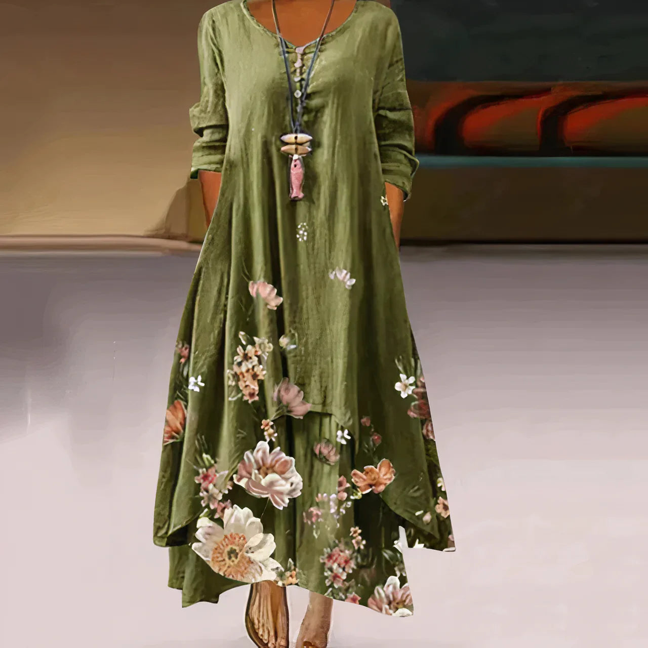 Robe d'été femme | Double épaisseur & Imprimée | Longueur maxi avec design à manches longues