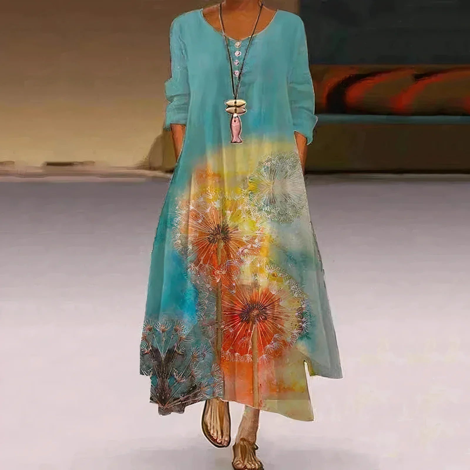 Robe d'été femme | Double épaisseur & Imprimée | Longueur maxi avec design à manches longues